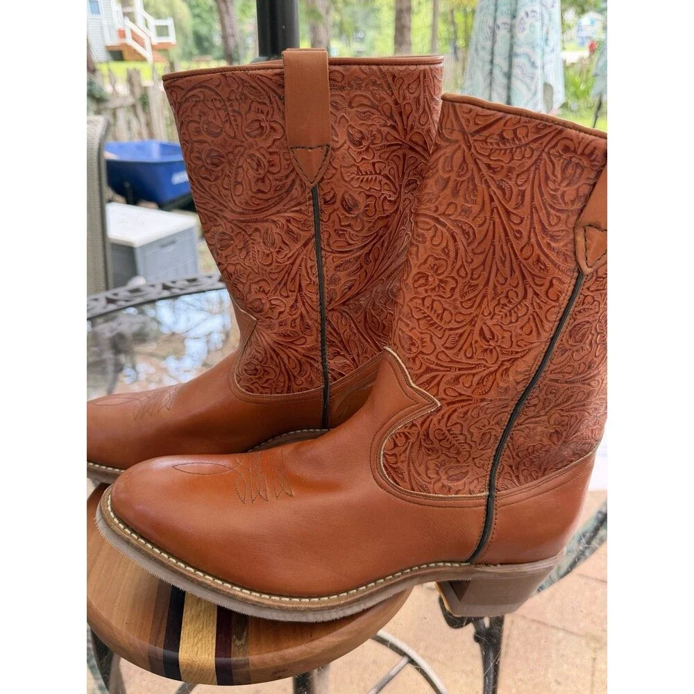 RAS men's Brown Tooled Leather Pull-On Western Cowboy Boots US 10.5c narrow